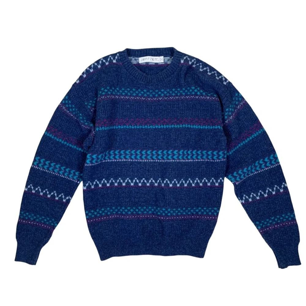 Jantzen Vintage Fair Isle Wool Blend Sweater Blue Purple‎ Made In USA M